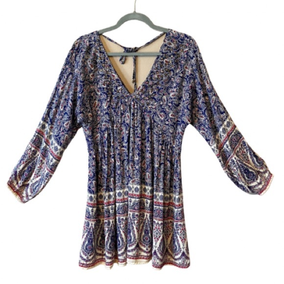 NWT En Créme Boho Peasant Dress | Navy Paisley Design + Beaded V-Neck (S) - Picture 8 of 14